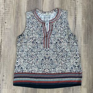 Daniel Rainn sleeveless top embroidered navy cream orange/red split neck size M